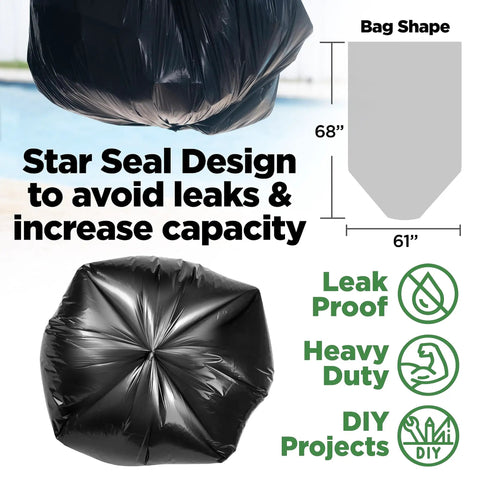 Star seal design on 95 Gallon Extra Large Trash Bags 61x68 Inches 1.2 Mil Thick Beefy Heavy Duty Contractor Bags for outdoor use.
