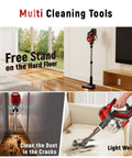Heavy Duty Cordless Stick Vacuum With 45Kpa Beast Mode Suction And Smart Display, 1.5L Dust Bin, 40 Min Runtime, Lightweight Rechargeable Handheld For Pet Hair Carpet Hardwood Floors Cars Crimson in use on hardwood floor and couch.