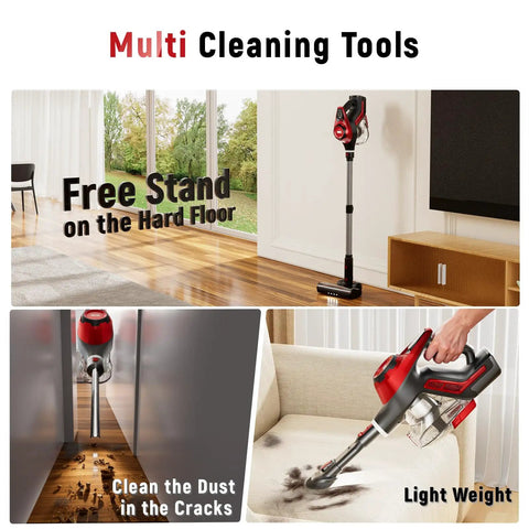 Heavy Duty Cordless Stick Vacuum With 45Kpa Beast Mode Suction And Smart Display, 1.5L Dust Bin, 40 Min Runtime, Lightweight Rechargeable Handheld For Pet Hair Carpet Hardwood Floors Cars Crimson in use on hardwood floor and couch.