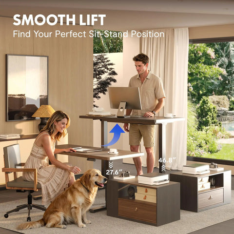 Electric Height Adjustable L Shaped Standing Desk With Massive Storage Cabinet And Open Shelving In Rich Black Walnut Finish, showcasing smooth height adjustment with two users.