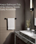 Parallel 18 Inch Towel Bar Matte Black Sleek Modern Bathroom Hardware with towel in contemporary setting