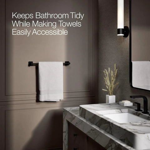 Parallel 18 Inch Towel Bar Matte Black Sleek Modern Bathroom Hardware with towel in contemporary setting