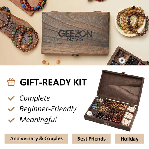 Bracelet Making Kit With 296 Beads, 10mm Natural Wooden Beads With Letters And Stone Beads, gift-ready box with accessories.