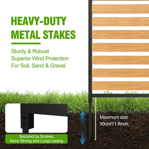 Heavy-duty metal stakes detail from No Dig Outdoor Privacy Screen For AC Unit And Yard Gear, showing setup instructions.