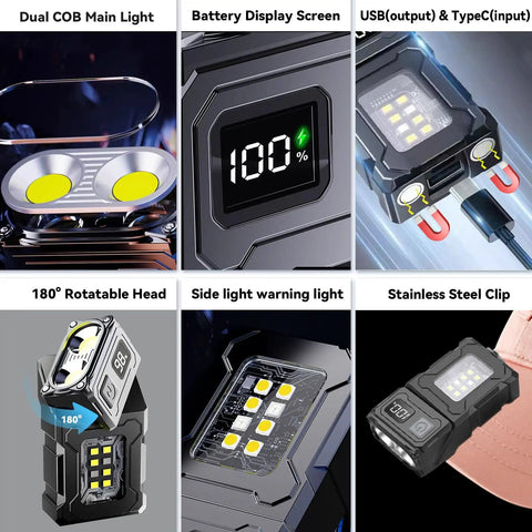 2 Pack Clip On Flashlight With Magnetic Base And USB C Charging, 800 Lumen Hat Clip Light features and components overview