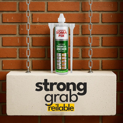 Fast Curing Construction Adhesive For Concrete, Brick, Stone And Granite With Extra Nozzle Included For Anchoring Heavy Duty Fasteners In Gray Structural Bonding 10.1 Fl Oz, 300 Ml against brick wall.