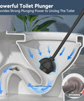 Heavy Duty Toilet Plunger With Wall Holder For Standard Bathroom Drains Extendable Rubber Cup sink tub shower clog buster shown unclogging toilet.