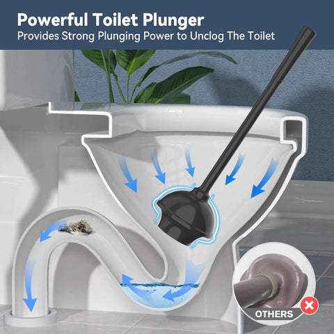 Heavy Duty Toilet Plunger With Wall Holder For Standard Bathroom Drains Extendable Rubber Cup sink tub shower clog buster shown unclogging toilet.