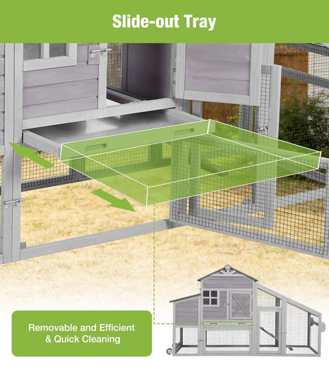 Mobile Chicken Coop With Run For Secure Poultry Housing On Wheels Nesting Box And Slide Out Tray Waterproof Roof Predator Proof Hen House For Backyard Farm Gray showing slide-out tray.