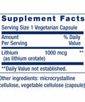 Supplement facts label for Lithium Orotate 1000 Mcg And Taurine 1000 Mg Supplement, 1 vegetarian capsule serving details.