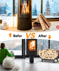 Indoor Outdoor Firewood Rack With Large Capacity Rustproof Steel Log Holder before and after use in living room setting