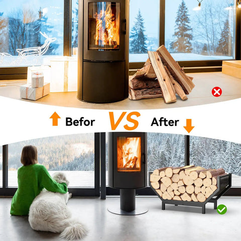Indoor Outdoor Firewood Rack With Large Capacity Rustproof Steel Log Holder before and after use in living room setting