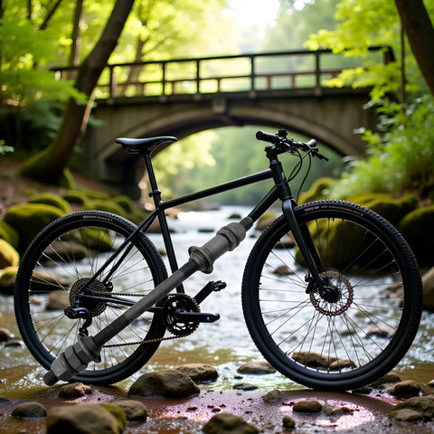Black mountain bike with "Beef Up Your Ride With This 190mm Black Bike Axle For Rear Hub Three Eighths Inch 26 TPI Shaft Conical Lock Nut Washer Kit Steel Hub Accessory For Wheels And Cycling Ideal For Multi Speed Rigs On Street Mountain Or City Bikes" displayed near a river.