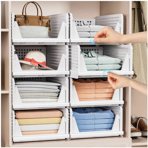 Five Pack Stackable Closet Storage Baskets Set Waterproof Foldable Organizer White in use organizing clothes and hats