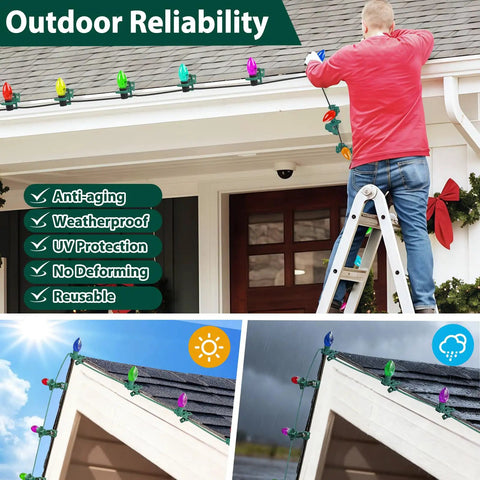 Man installing 100Pcs Self Locking Heavy Duty Christmas Light Clips For C7 C9 Mini Lights Fits E12 And E17 Bases on roof gutter