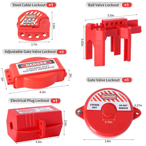 Components of Pro Grade 73 Piece OSHA Compliant Lockout Tagout Kit With Padlocks Hasps Tags Circuit Breaker Electrical Plug Ball Gate And Cable Locks