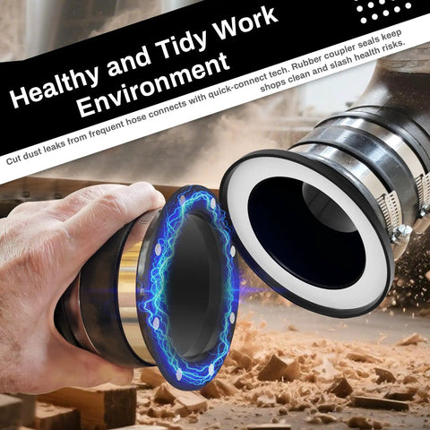 Four Inch Magnetic Dust Collection Fittings 7 Pack Quick Connect Hose Adapters For Shop Vacs With Rare Earth Magnets shown in use, highlighting quick-connect tech.