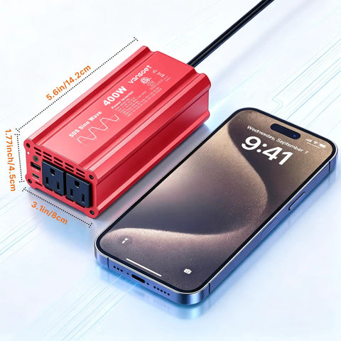 Heavy Duty Car Power Inverter Dc 12V To Ac 110V With Pd Fast Charging Dual Usb Ports and two standard outlets beside a smartphone.