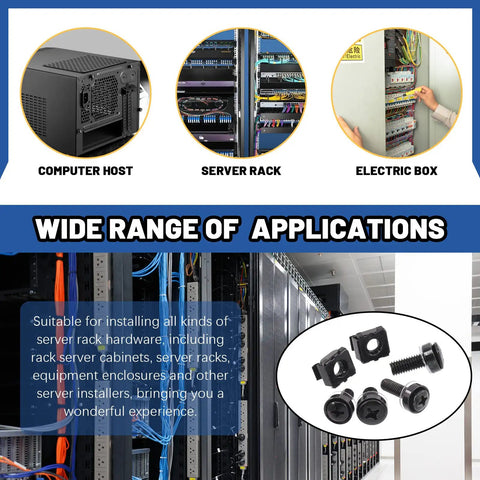 Badass M5 M6 Cage Nuts Kit With Screws Contains 80 Pieces Of Heavy Duty Black Fasteners suitable for server racks.