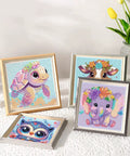 Six Pack 5D Cartoon Diamond Painting Kits For Kids Beginners With Cute Animals, colorful animal art framed on table