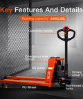 Heavy Duty Electric Pallet Jack With 4,400 Lb Load Capacity And Power Lift For Warehousing, showcasing features and capacity.
