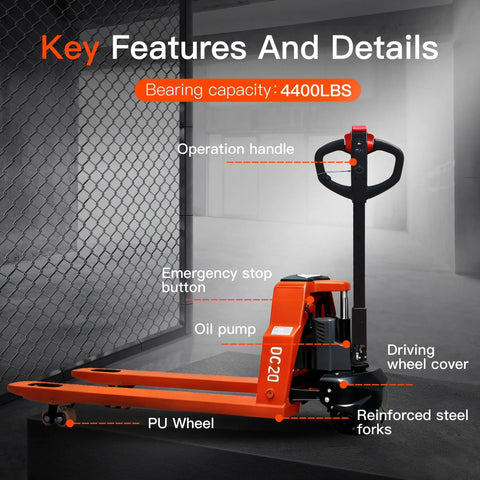 Heavy Duty Electric Pallet Jack With 4,400 Lb Load Capacity And Power Lift For Warehousing, showcasing features and capacity.