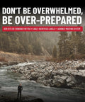 Surviveware survival kit cover image: man by rocky river in a forest under a large white headline.