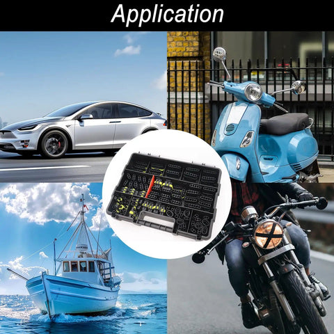 Image showing 1008Pcs 63 Set Waterproof Automotive Electrical Connectors Kit in use with car, bike, scooter, and boat.