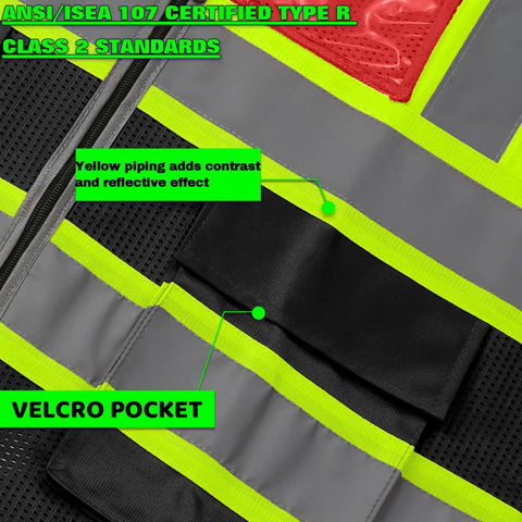 Close-up of Snag This Dope Custom Logo Ansi Class 2 Hi Vis Mesh Safety Vest For Men showcasing yellow piping and Velcro pocket.