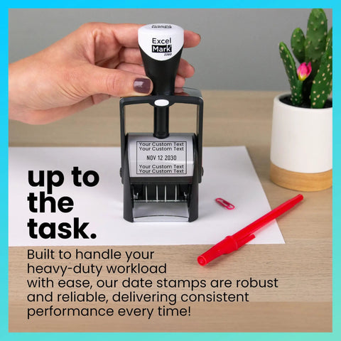 Top Shelf Heavy Duty Self Inking Date Stamp Black Customizable Up To Four Lines Of Text displayed with paper and pen.