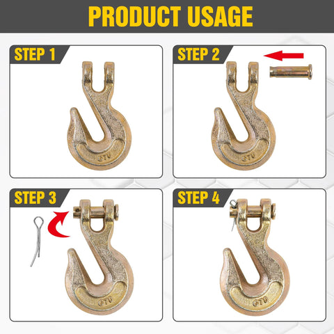Instruction guide for Three Eighths Inch Clevis Grab Hooks Four Pack Heavy Duty Chain Hooks for Three Eighths Inch Grade 70 Chain.