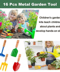 16 Piece Garden Tools Set With Wooden Handles for planting and learning, including colorful rakes, shovels, and a child using watering can