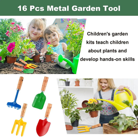 16 Piece Garden Tools Set With Wooden Handles for planting and learning, including colorful rakes, shovels, and a child using watering can