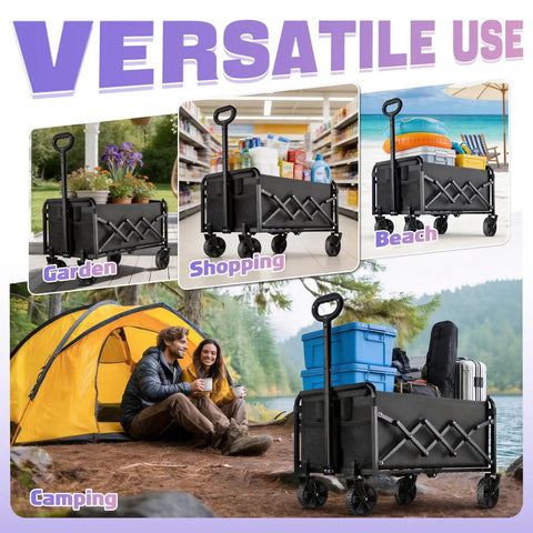 Heavy Duty Folding Wagon Cart With 360 Degree Wheels All Terrain Carrier 100Kg Capacity Portable Gear Hauler for camping, groceries