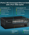 Beefy Unmanaged 18-Port 2.5G Switch with Dual 10GBASE-T Ports, 16x2.5G And 2x10G RJ45, shown with status lights and power input.