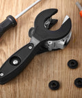 Ratcheting Tubing Cutter 1/4 to 7/8 Inch 2 in 1 Close Quarters Pipe Cutter with blades, shown on a wooden surface.