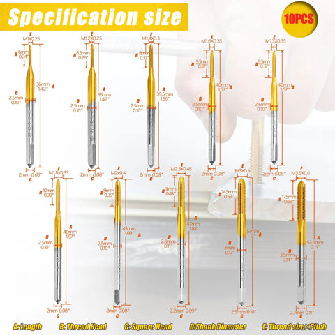 Specification size chart for 10 Pc Micro Metric Tap Set With Wrench M1 To M3.5 Tiny Thread Taps For Small Screws