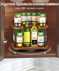 Two Tier In Cabinet Spice Rack Organizer With Rotating Lazy Susan in 11 inch cabinet showing adjustable height and spice display