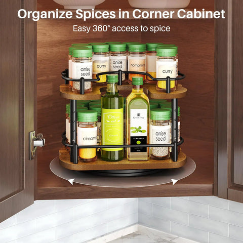 Two Tier In Cabinet Spice Rack Organizer With Rotating Lazy Susan in 11 inch cabinet showing adjustable height and spice display