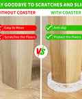 Comparison image showing Straight Up Floor Savers Round Rubber Furniture Caster Cups 12 Piece Set Clear Non Slip Chair Coasters preventing floor scratches.