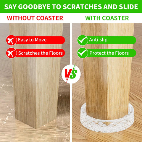 Comparison image showing Straight Up Floor Savers Round Rubber Furniture Caster Cups 12 Piece Set Clear Non Slip Chair Coasters preventing floor scratches.