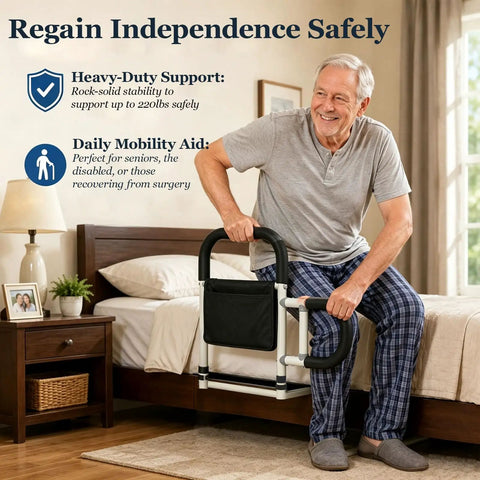 Elderly man using Bed Canes for Elderly and Adults Safety Bed Guard Rails Supports up to 350 Lbs 21.6 Inches High