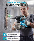 Go Cordless With This 1-Inch SDS-Plus Rotary Hammer Drill Featuring Brushless Motor, 4-Mode Safety Clutch, Includes 2X 4.0Ah Batteries And Chisel Bit Set For Concrete Drilling And Home Renovation in use on concrete wall.