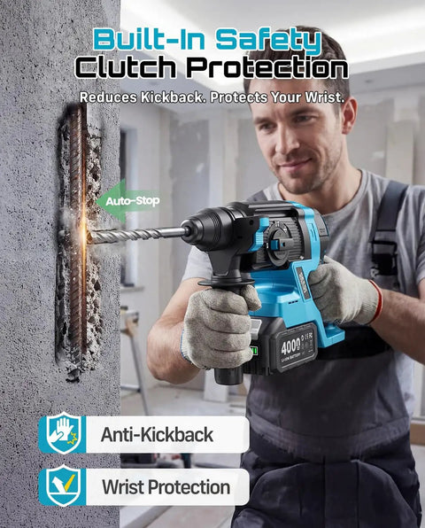 Go Cordless With This 1-Inch SDS-Plus Rotary Hammer Drill Featuring Brushless Motor, 4-Mode Safety Clutch, Includes 2X 4.0Ah Batteries And Chisel Bit Set For Concrete Drilling And Home Renovation in use on concrete wall.