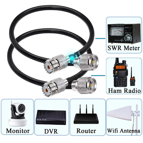 Mini UHF To UHF Extension Cable 12 Inch Coax Jumper RG58 50 Ohm Cable For CB Radios PL259 To SO239 Connector 2 Pack shown with connectors