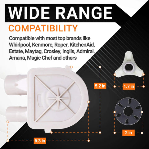 Wide range compatibility of Washer Drain Pump And Core Motor Coupling Kit For Whirlpool And Kenmore Washers Replaces 3352492 3348215 3348014 3348015 WP3363394 Beefy Durable Replacement Part shown with dimensions.
