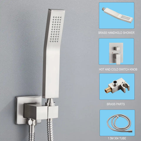 10 Inch Brushed Nickel Rain Shower System With Handheld Spray Square Shower Head Combo Set Wall Mounted For Easy Install And Spa Like Experience With Durable Metal Build And Water Saving Design, featuring brass handheld shower and parts.