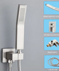 10 Inch High Pressure Rain Shower Head With Handheld Spray Rain Mixer Shower Combo Wall Mount Brushed Nickel Finish Easy Install Great Water Flow For Home Spa Vibe components including brass handheld, switch knob, brass parts, and hose.