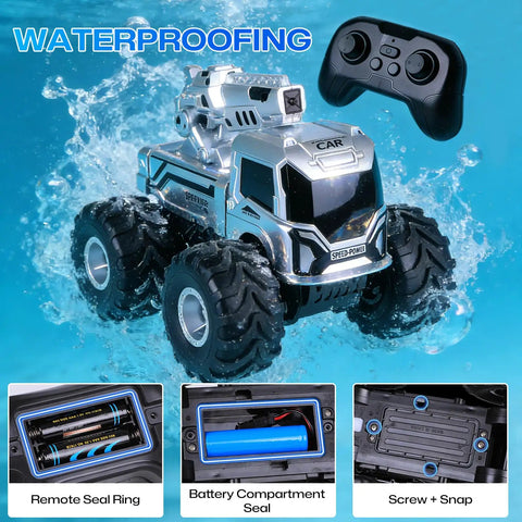 1:18 Amphibious RC Monster Car For Kids, 4WD Waterproof All Terrain Off Road Boat Stunt Vehicle on water