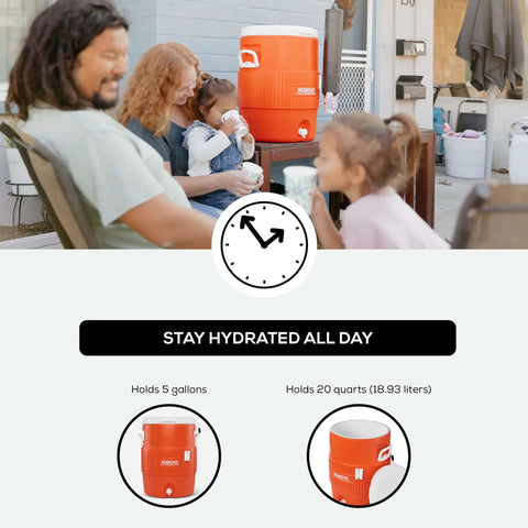Family enjoying outdoors with 10 Gallon Portable Sports Cooler And Beverage Dispenser With Flat Seat Lid Insulated Orange White.
